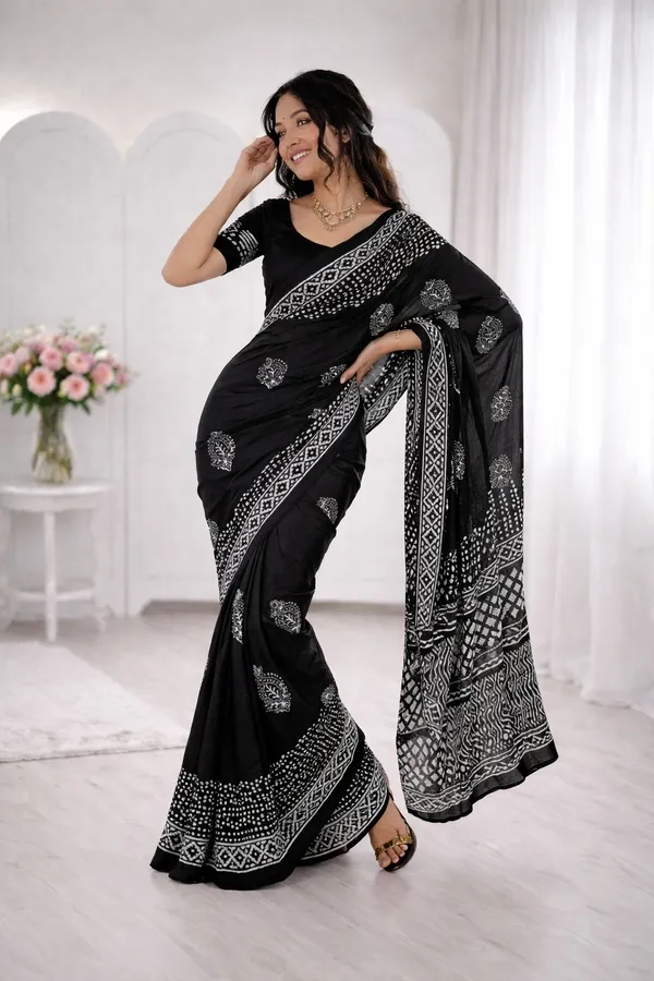 Leelavati_Printed_Floral_Print_Geometric_Print_Blocked_Printed_Daily_Wear_Pure_Cotton_Saree_Black