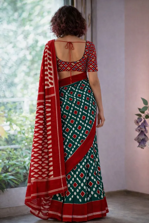 Leelavati_Printed_Floral_Print_Geometric_Print_Blocked_Printed_Daily_Wear_Pure_Cotton_Saree_Green