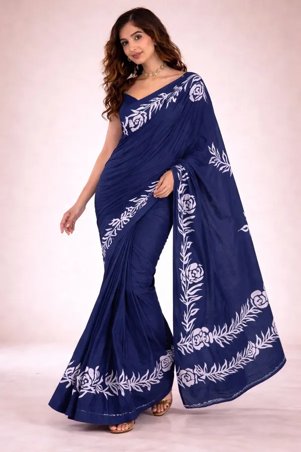 Leelavati_Printed_Floral_Print_Geometric_Print_Blocked_Printed_Daily_Wear_Pure_Cotton_Saree_Blue