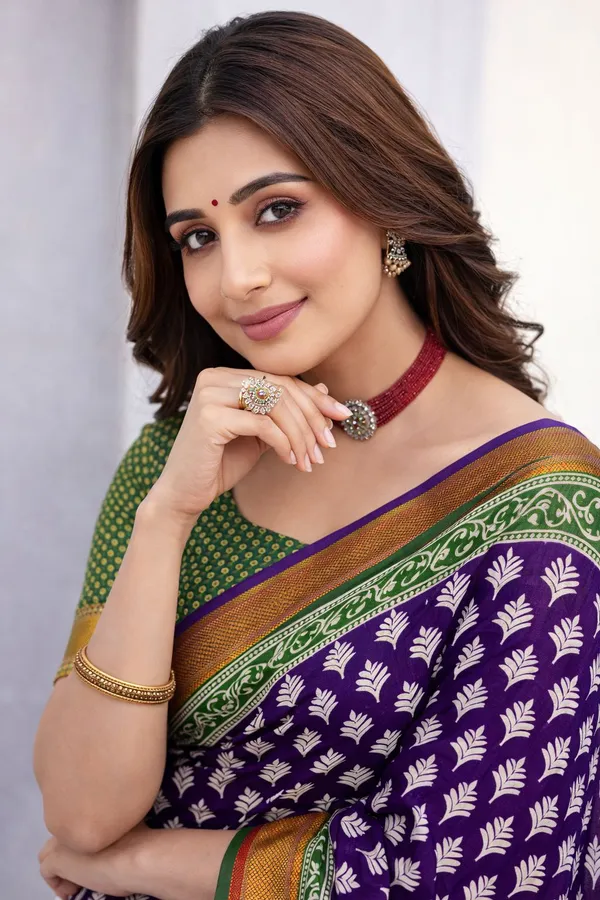 Leelavati_Printed_Floral_Print_Geometric_Print_Blocked_Printed_Woven_Daily_Wear_Pure_Cotton_Saree_Purple