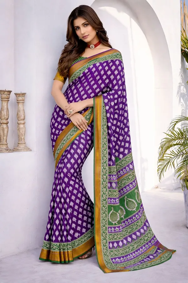 Leelavati_Printed_Floral_Print_Geometric_Print_Blocked_Printed_Woven_Daily_Wear_Pure_Cotton_Saree_Purple