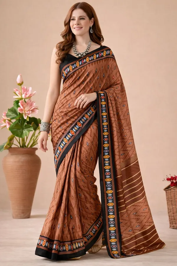 Leelavati_Printed_Floral_Print_Geometric_Print_Blocked_Printed_Daily_Wear_Pure_Cotton_Saree_Brown