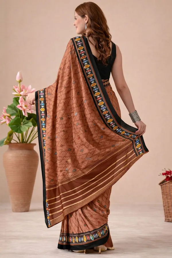 Leelavati_Printed_Floral_Print_Geometric_Print_Blocked_Printed_Daily_Wear_Pure_Cotton_Saree_Brown