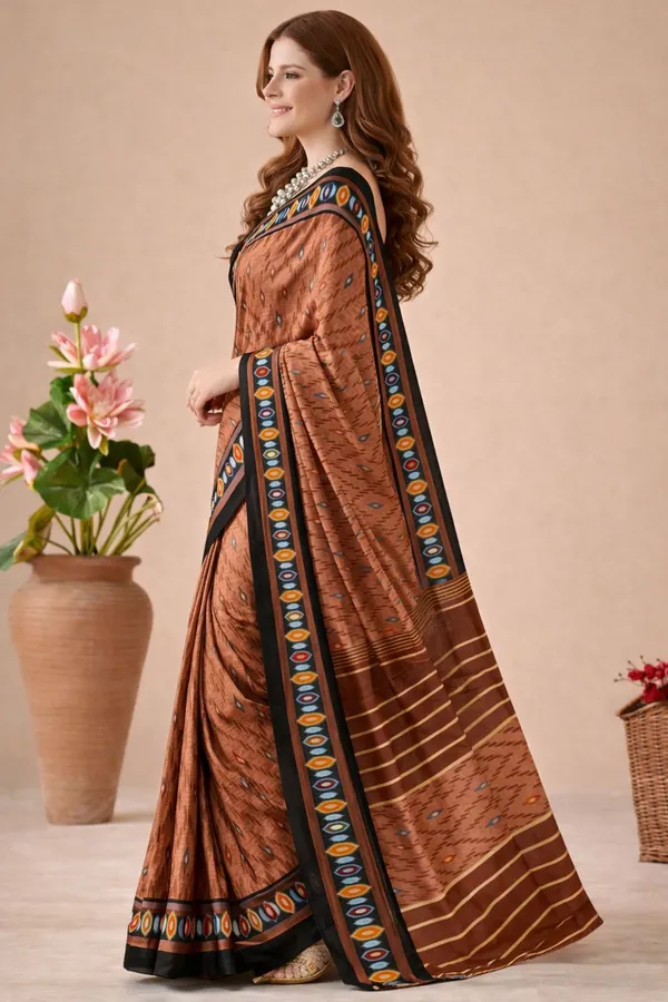 Leelavati_Printed_Floral_Print_Geometric_Print_Blocked_Printed_Daily_Wear_Pure_Cotton_Saree_Brown