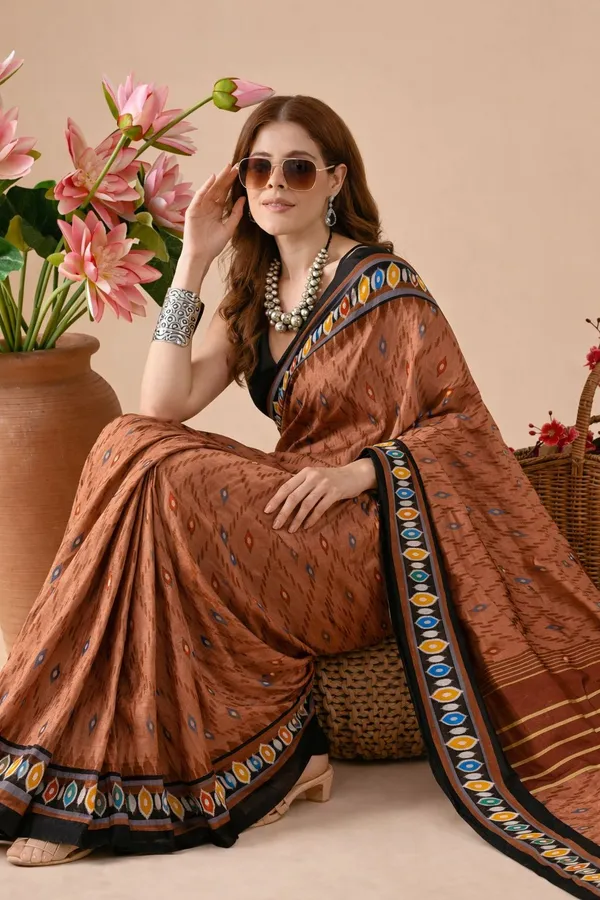 Leelavati_Printed_Floral_Print_Geometric_Print_Blocked_Printed_Daily_Wear_Pure_Cotton_Saree_Brown
