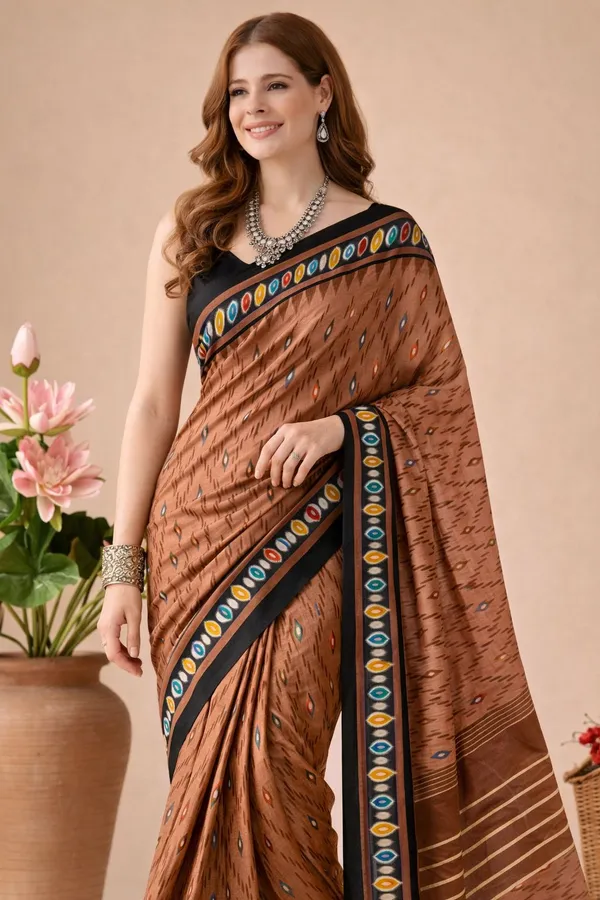Leelavati_Printed_Floral_Print_Geometric_Print_Blocked_Printed_Daily_Wear_Pure_Cotton_Saree_Brown