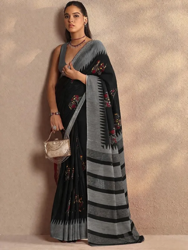 Leelavati_Printed_Floral_Print_Geometric_Print_Blocked_Printed_Daily_Wear_Pure_Cotton_Saree_Black