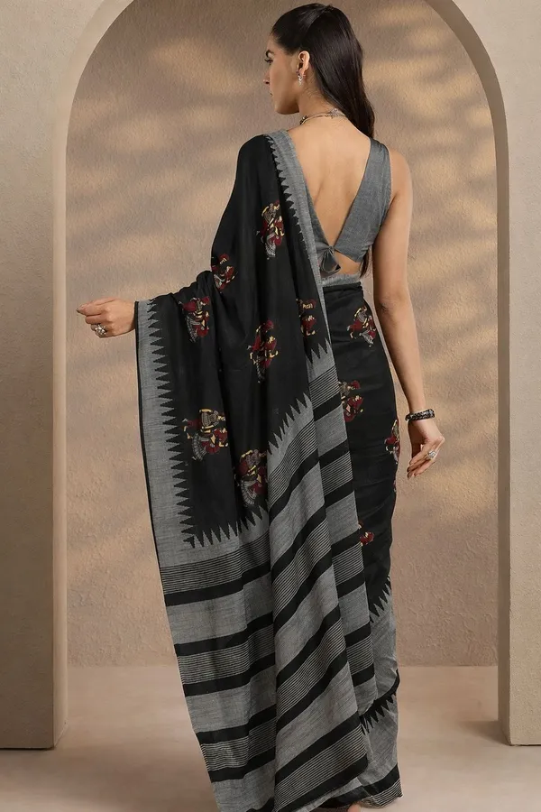 Leelavati_Printed_Floral_Print_Geometric_Print_Blocked_Printed_Daily_Wear_Pure_Cotton_Saree_Black