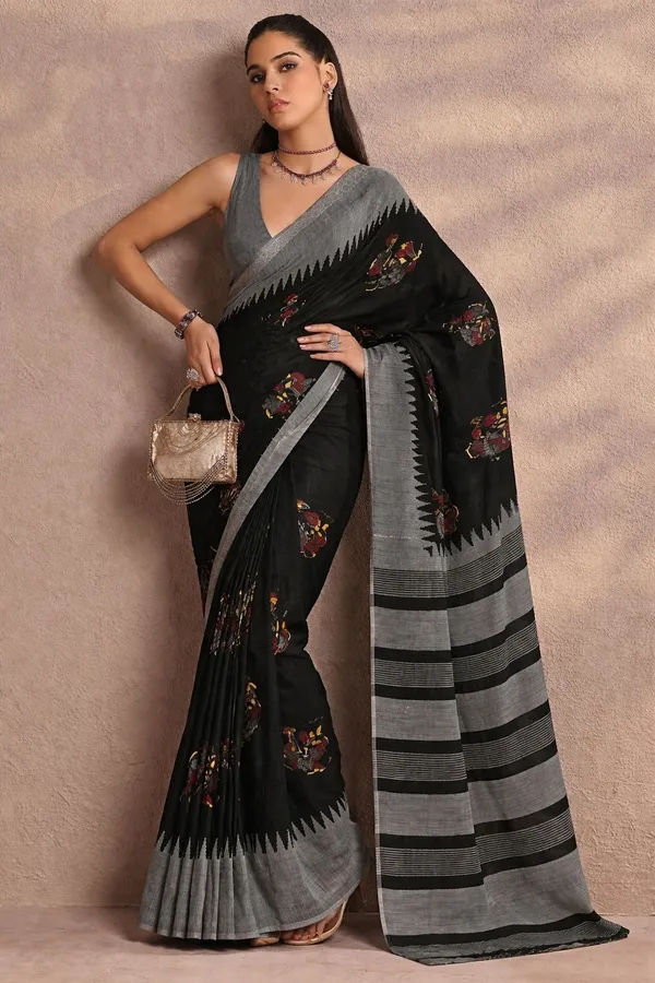 Leelavati_Printed_Floral_Print_Geometric_Print_Blocked_Printed_Daily_Wear_Pure_Cotton_Saree_Black