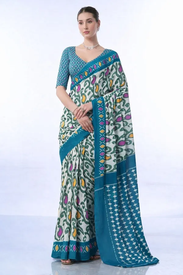 Leelavati_Printed_Floral_Print_Geometric_Print_Blocked_Printed_Daily_Wear_Pure_Cotton_Saree_Blue