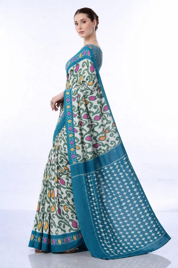 Leelavati_Printed_Floral_Print_Geometric_Print_Blocked_Printed_Daily_Wear_Pure_Cotton_Saree_Blue