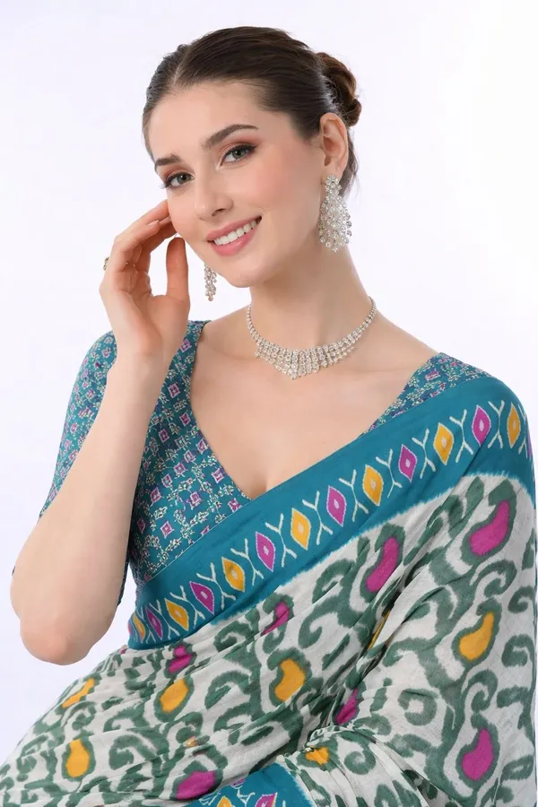 Leelavati_Printed_Floral_Print_Geometric_Print_Blocked_Printed_Daily_Wear_Pure_Cotton_Saree_Blue