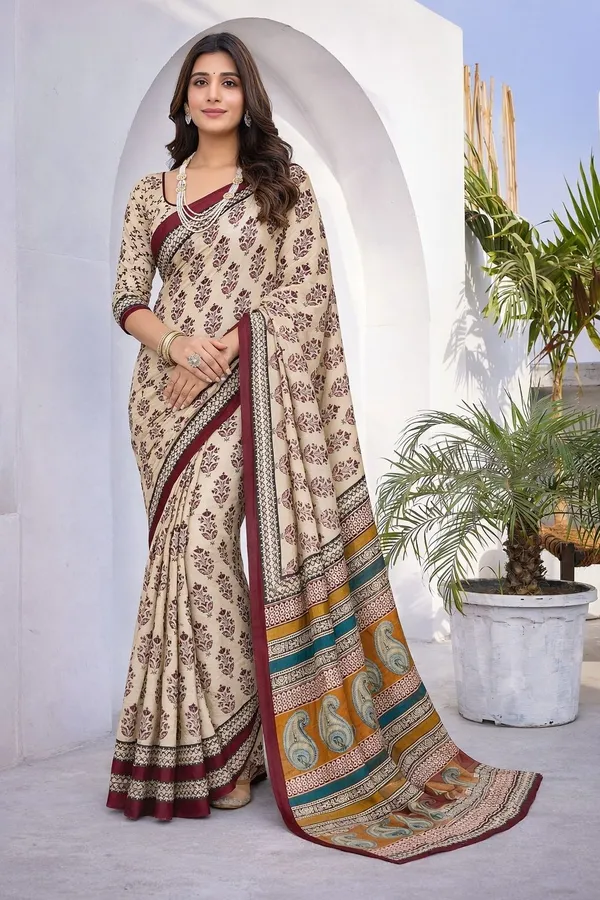 Leelavati_Printed_Floral_Print_Geometric_Print_Blocked_Printed_Daily_Wear_Pure_Cotton_Saree_Maroon