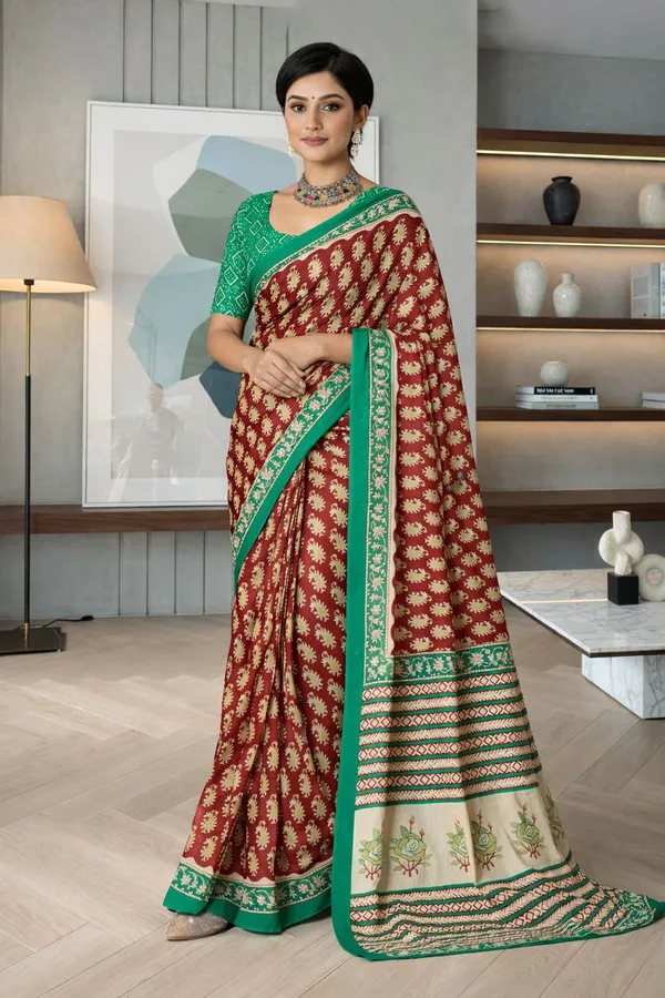 Leelavati_Printed_Floral_Print_Geometric_Print_Blocked_Printed_Daily_Wear_Pure_Cotton_Saree_Maroon