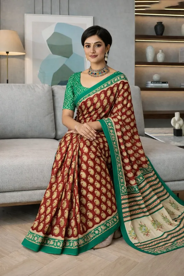 Leelavati_Printed_Floral_Print_Geometric_Print_Blocked_Printed_Daily_Wear_Pure_Cotton_Saree_Maroon