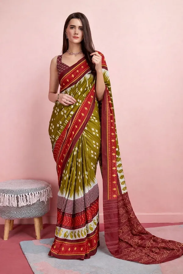 Leelavati_Printed_Floral_Print_Geometric_Print_Blocked_Printed_Daily_Wear_Pure_Cotton_Saree_Green