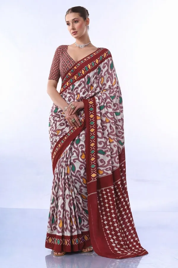 Leelavati_Printed_Floral_Print_Geometric_Print_Blocked_Printed_Daily_Wear_Pure_Cotton_Saree_Maroon