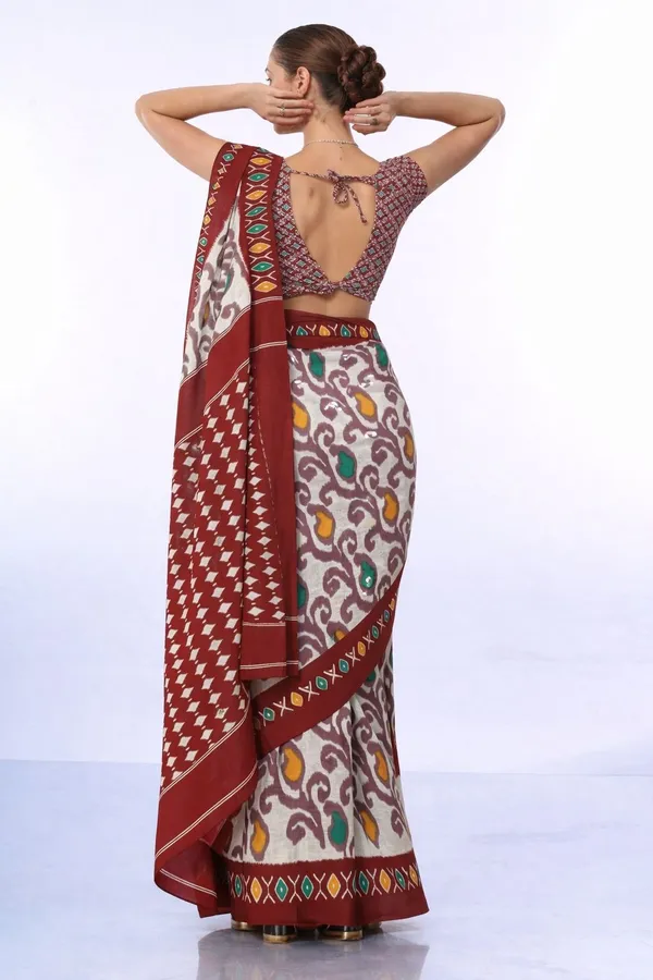 Leelavati_Printed_Floral_Print_Geometric_Print_Blocked_Printed_Daily_Wear_Pure_Cotton_Saree_Maroon