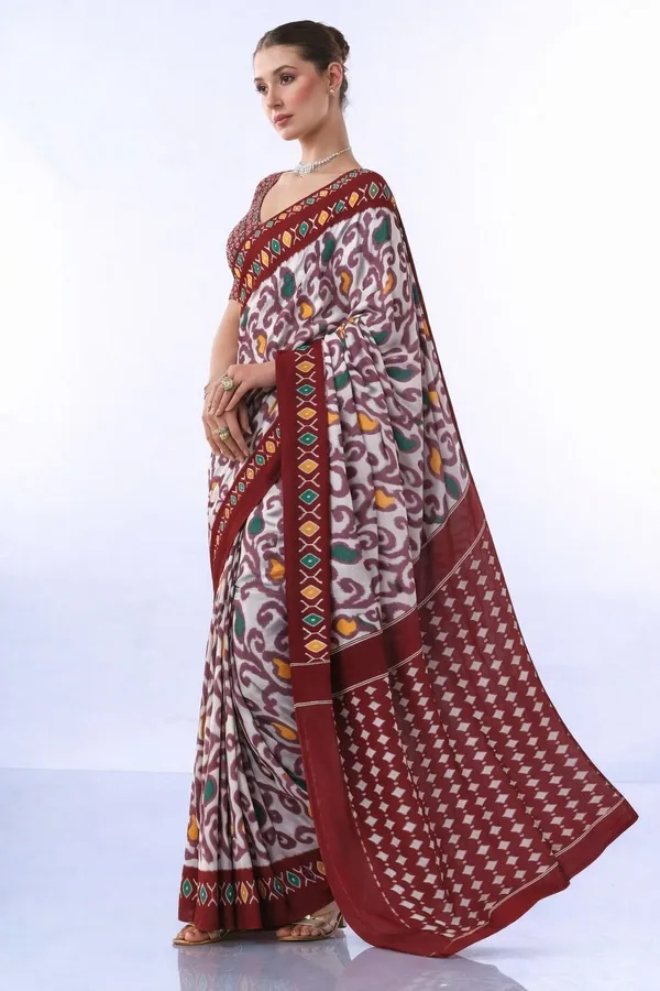 Leelavati_Printed_Floral_Print_Geometric_Print_Blocked_Printed_Daily_Wear_Pure_Cotton_Saree_Maroon