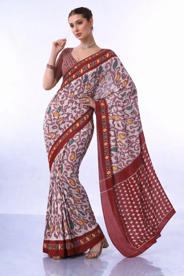 Leelavati_Printed_Floral_Print_Geometric_Print_Blocked_Printed_Daily_Wear_Pure_Cotton_Saree_Maroon