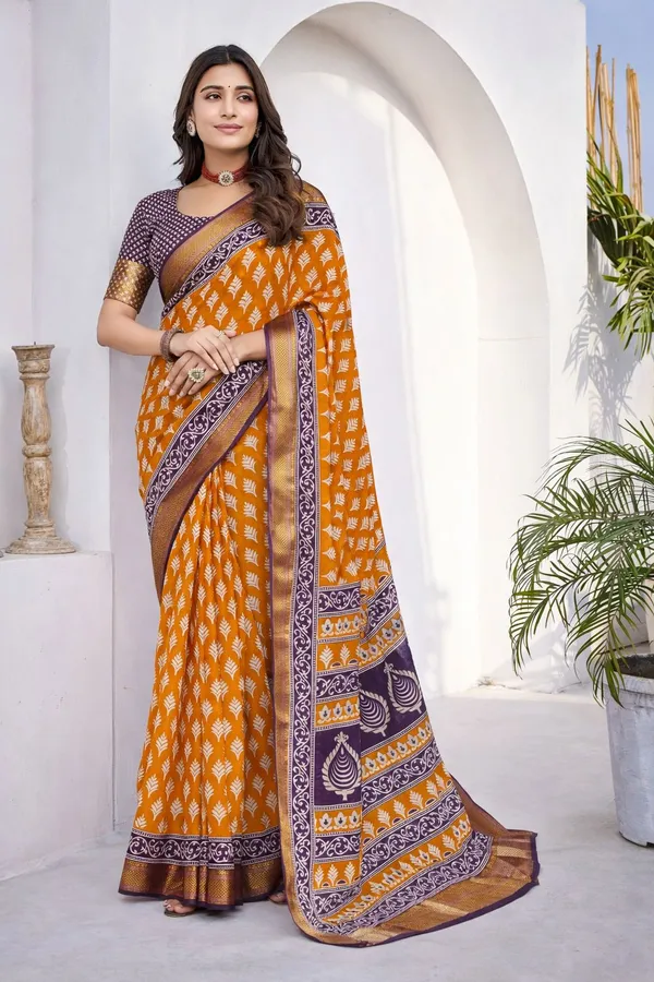 Leelavati_Printed_Floral_Print_Geometric_Print_Blocked_Printed_Woven_Daily_Wear_Pure_Cotton_Saree_Gold