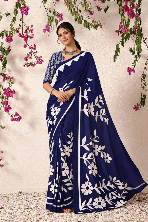 Leelavati_Printed_Floral_Print_Geometric_Print_Blocked_Printed_Daily_Wear_Pure_Cotton_Saree_Dark_Blue
