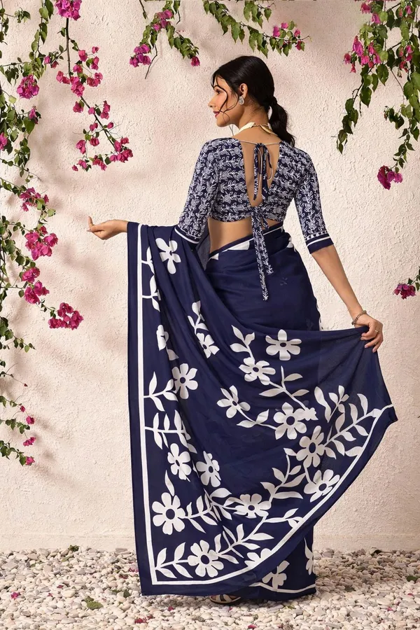 Leelavati_Printed_Floral_Print_Geometric_Print_Blocked_Printed_Daily_Wear_Pure_Cotton_Saree_Dark_Blue