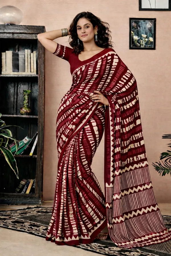 Leelavati_Printed_Floral_Print_Geometric_Print_Blocked_Printed_Daily_Wear_Pure_Cotton_Saree_Maroon