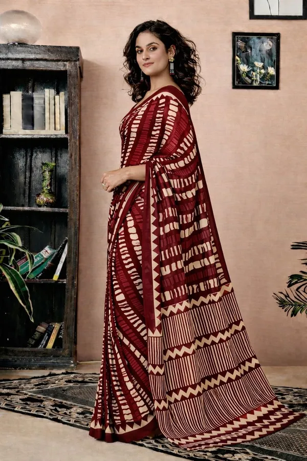 Leelavati_Printed_Floral_Print_Geometric_Print_Blocked_Printed_Daily_Wear_Pure_Cotton_Saree_Maroon