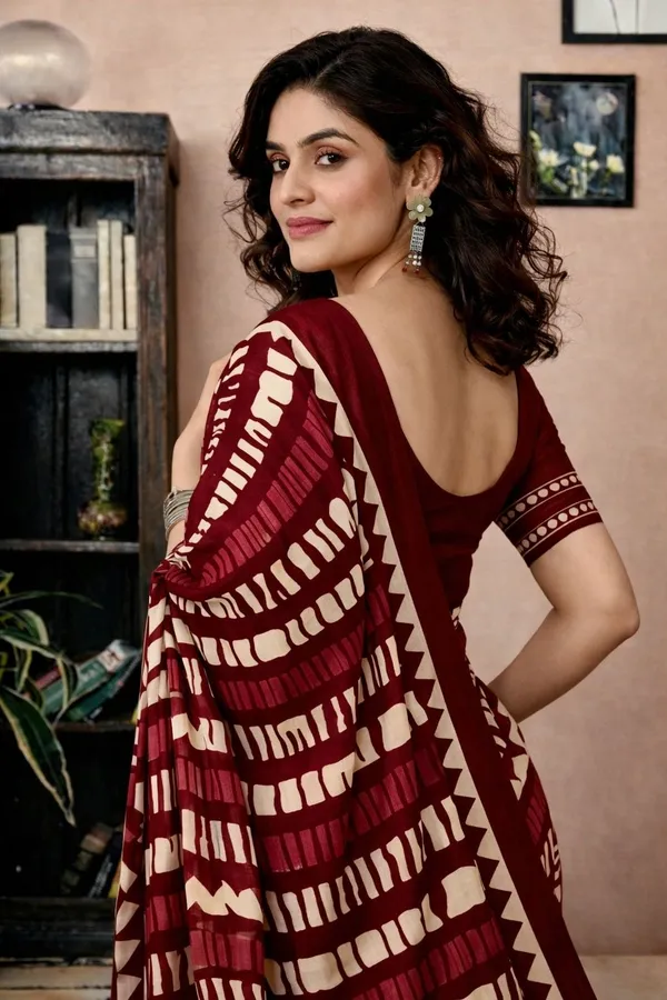 Leelavati_Printed_Floral_Print_Geometric_Print_Blocked_Printed_Daily_Wear_Pure_Cotton_Saree_Maroon