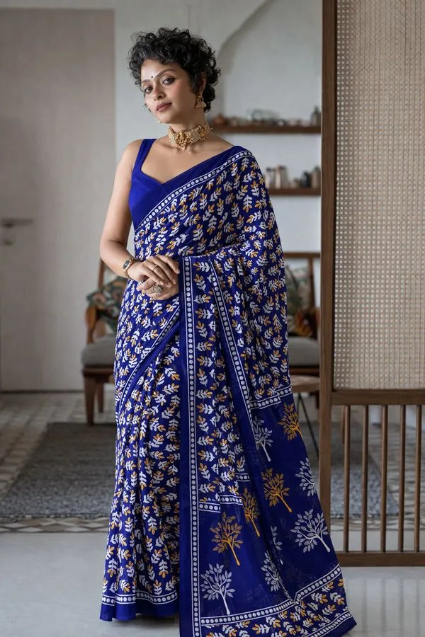 Leelavati_Printed_Floral_Print_Geometric_Print_Blocked_Printed_Daily_Wear_Pure_Cotton_Saree_Blue