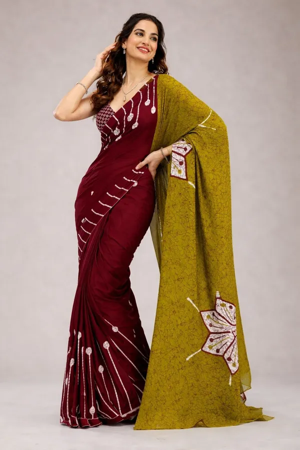 Leelavati_Printed_Floral_Print_Geometric_Print_Blocked_Printed_Daily_Wear_Pure_Cotton_Saree_Maroon