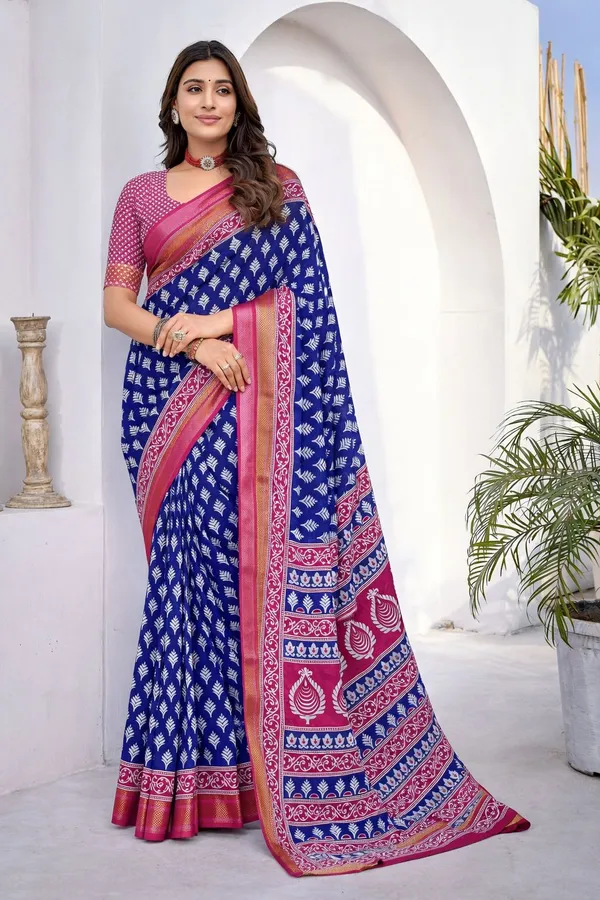 Leelavati_Printed_Floral_Print_Geometric_Print_Blocked_Printed_Woven_Daily_Wear_Pure_Cotton_Saree_Blue