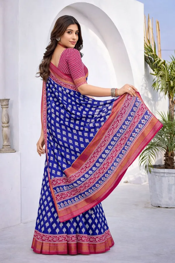 Leelavati_Printed_Floral_Print_Geometric_Print_Blocked_Printed_Woven_Daily_Wear_Pure_Cotton_Saree_Blue