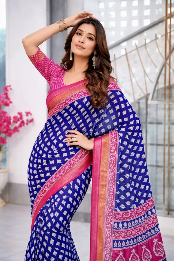 Leelavati_Printed_Floral_Print_Geometric_Print_Blocked_Printed_Woven_Daily_Wear_Pure_Cotton_Saree_Blue