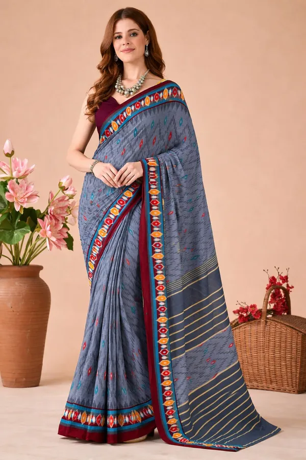 Leelavati_Printed_Floral_Print_Geometric_Print_Blocked_Printed_Daily_Wear_Pure_Cotton_Saree_Grey
