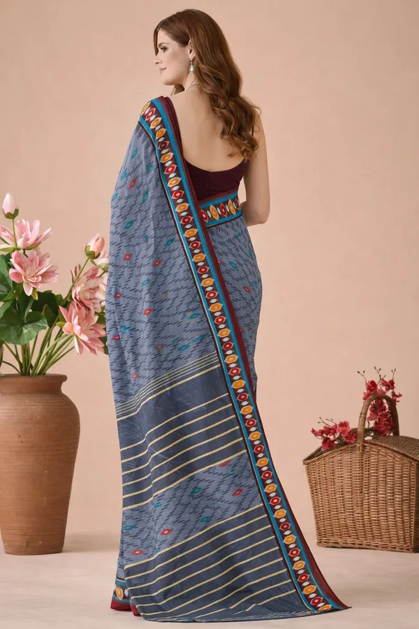 Leelavati_Printed_Floral_Print_Geometric_Print_Blocked_Printed_Daily_Wear_Pure_Cotton_Saree_Grey