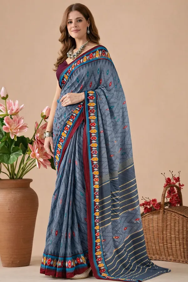 Leelavati_Printed_Floral_Print_Geometric_Print_Blocked_Printed_Daily_Wear_Pure_Cotton_Saree_Grey
