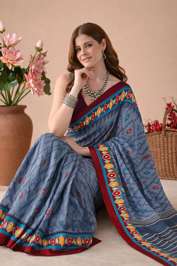 Leelavati_Printed_Floral_Print_Geometric_Print_Blocked_Printed_Daily_Wear_Pure_Cotton_Saree_Grey