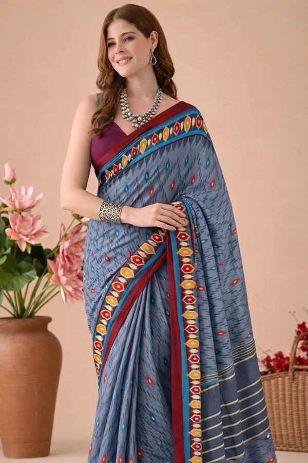 Leelavati_Printed_Floral_Print_Geometric_Print_Blocked_Printed_Daily_Wear_Pure_Cotton_Saree_Grey