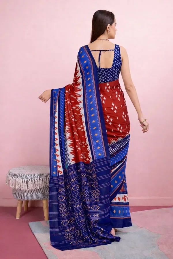 Leelavati_Printed_Floral_Print_Geometric_Print_Blocked_Printed_Daily_Wear_Pure_Cotton_Saree_Brown