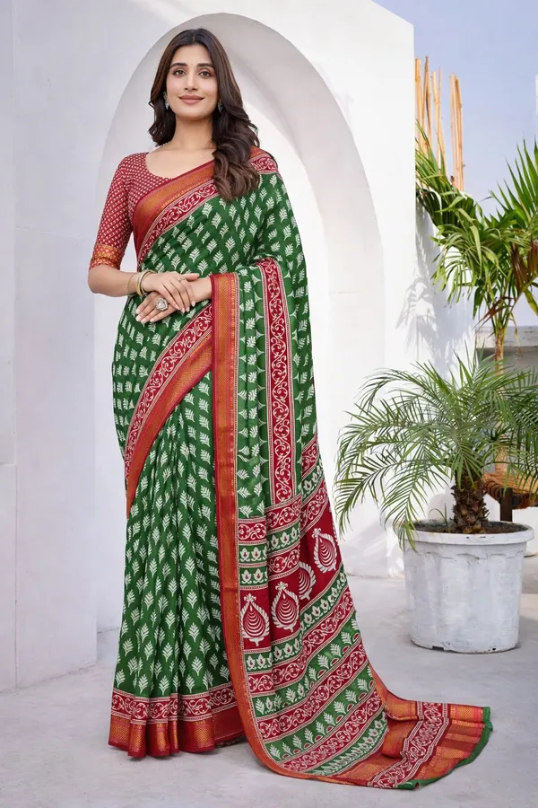 Leelavati_Printed_Floral_Print_Geometric_Print_Blocked_Printed_Woven_Daily_Wear_Pure_Cotton_Saree_Green