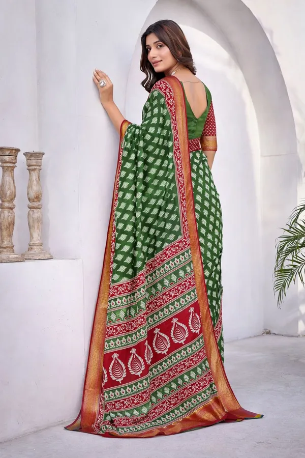 Leelavati_Printed_Floral_Print_Geometric_Print_Blocked_Printed_Woven_Daily_Wear_Pure_Cotton_Saree_Green