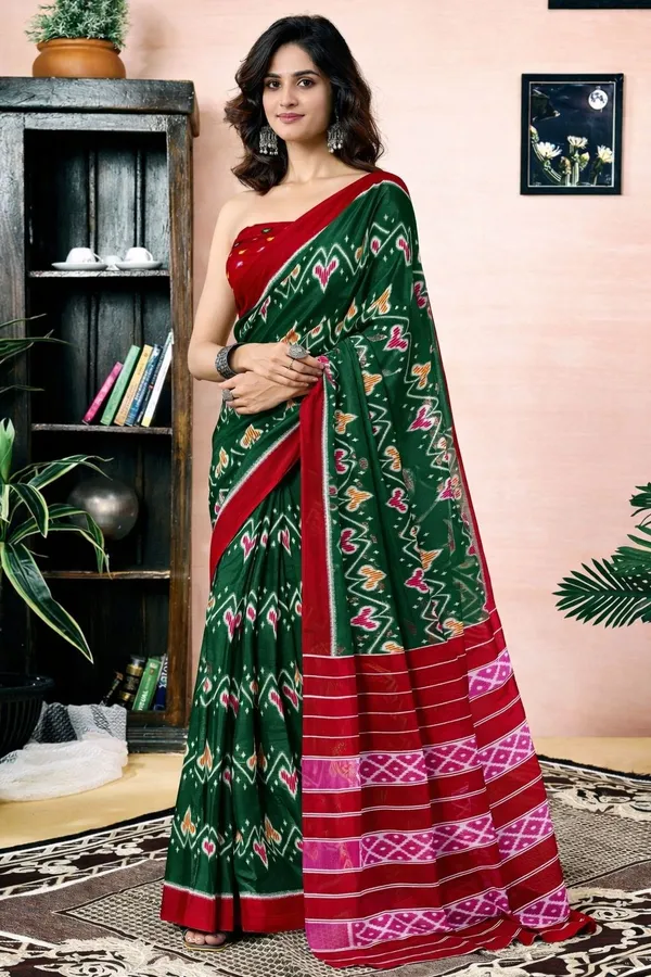 Leelavati_Printed_Floral_Print_Geometric_Print_Blocked_Printed_Daily_Wear_Pure_Cotton_Saree_Green
