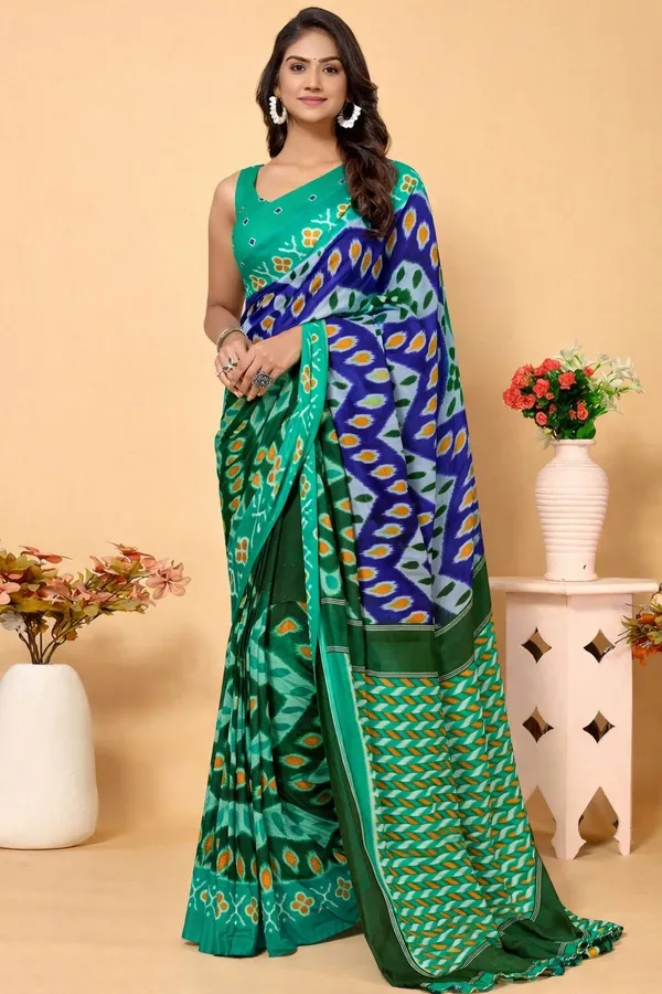 Leelavati_Printed_Floral_Print_Geometric_Print_Blocked_Printed_Daily_Wear_Pure_Cotton_Saree_Green