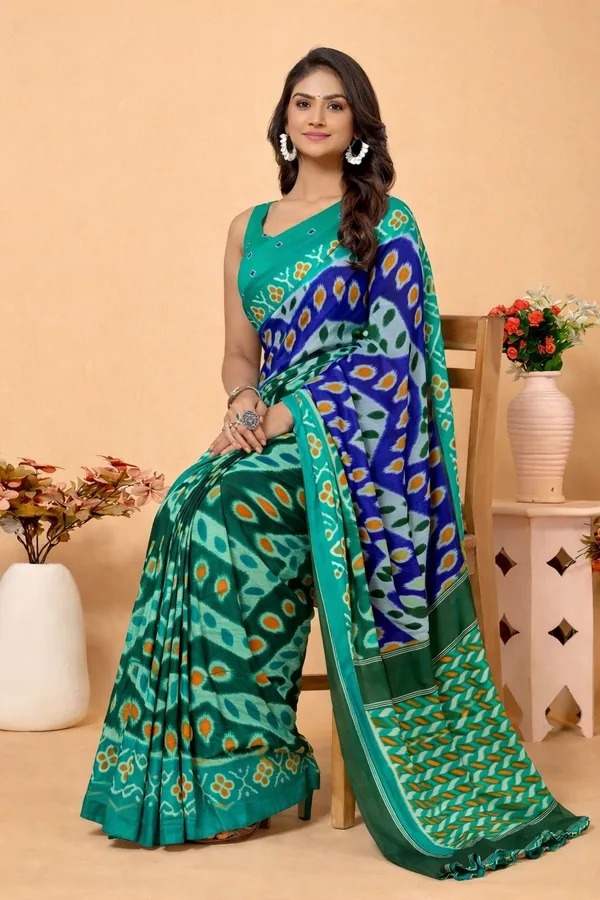 Leelavati_Printed_Floral_Print_Geometric_Print_Blocked_Printed_Daily_Wear_Pure_Cotton_Saree_Green