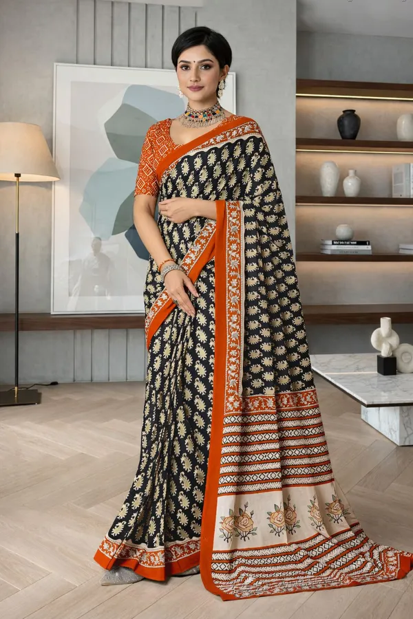 Leelavati_Printed_Floral_Print_Geometric_Print_Blocked_Printed_Daily_Wear_Pure_Cotton_Saree_Black