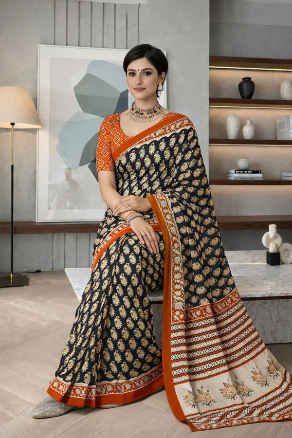 Leelavati_Printed_Floral_Print_Geometric_Print_Blocked_Printed_Daily_Wear_Pure_Cotton_Saree_Black