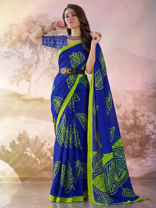 Leelavati_Printed_Floral_Print_Geometric_Print_Blocked_Printed_Daily_Wear_Pure_Cotton_Saree_Blue