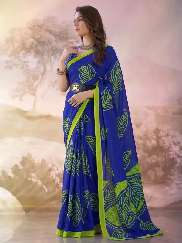 Leelavati_Printed_Floral_Print_Geometric_Print_Blocked_Printed_Daily_Wear_Pure_Cotton_Saree_Blue